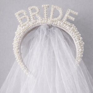 Pearl “BRIDE” Headband with Veil Bridal Bachelorette Stagette Party Accessory